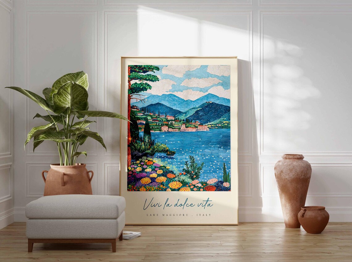 Lake Maggiore Pine Tree Flower Bed Lake Vista Folk Travel Poster - Image 3