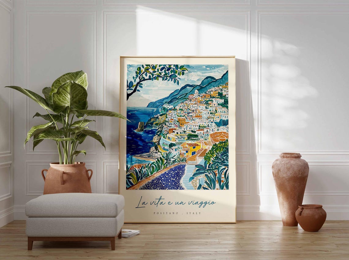 Positano Italy Agave Foreground Hillside Town Sea Coast Travel Poster - Image 3