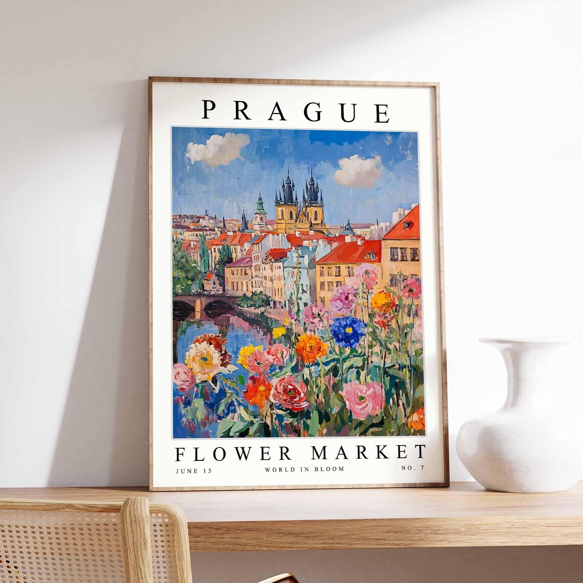 Prague Tyn Church River Bend Bridge Blossom Garden Travel Poster