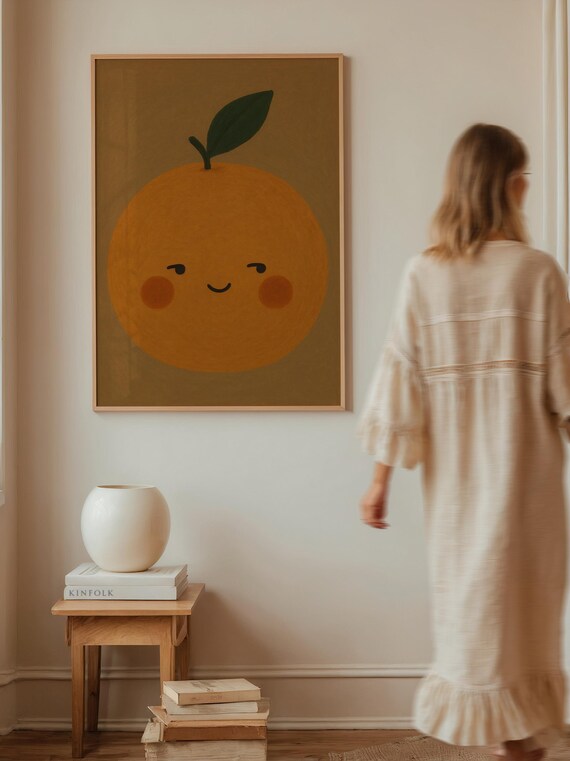 Smiling Orange Fruit Kawaii Citrus Illustration Nursery Poster