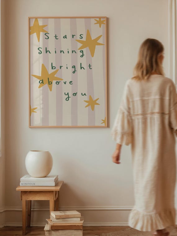 Yellow Star Nursery Print Soft Striped Background Unframed