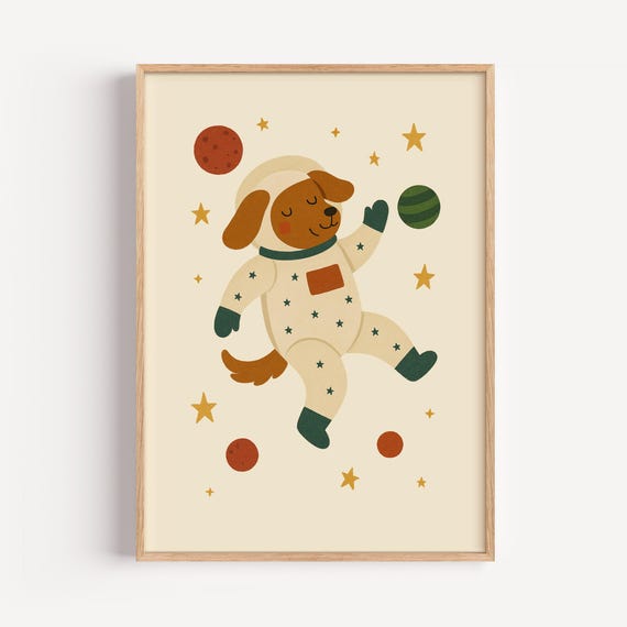 Astronaut Dog Print Space Nursery Art Kids Room Decor