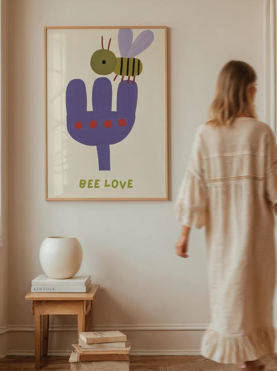 Bee Flower Nursery Print Minimalist Kids Room Decor