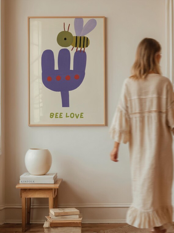 Bee Love Cute Bee Purple Flower Minimalist Nursery Kids Art Poster
