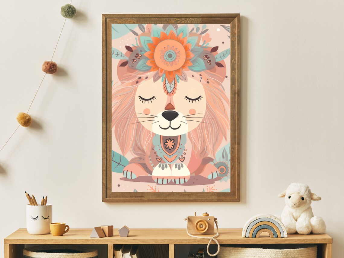 Cute Boho Sleeping Lion With Flower Crown Kids Nursery Art Poster - Image 4