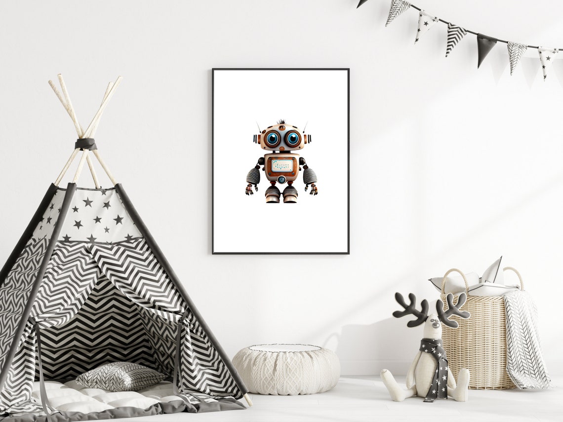 Cute Smiling Robot with Big Eyes Kids Room Nursery Art Print - Image 4