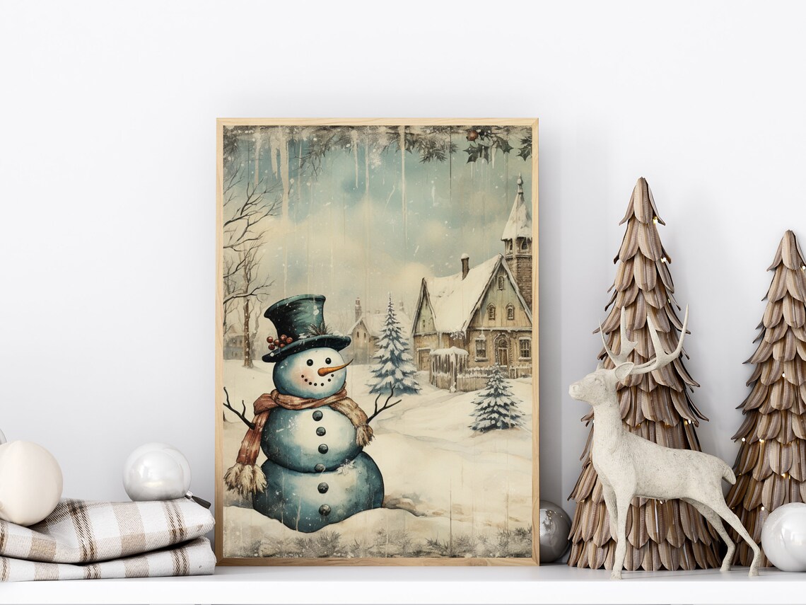 Vintage Snowman in a Snowy Village Winter Wonderland Christmas Poster - Image 3