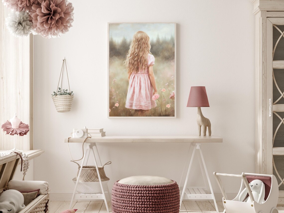 Little Girl Wildflower Meadow Poster Blush Pink Vintage Nursery Decor - Image 4