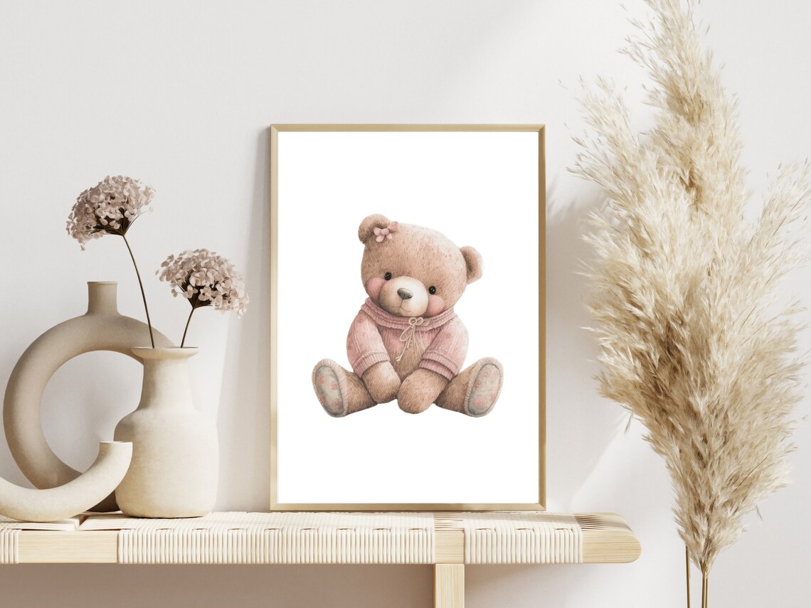 Baby Teddy Bear in a Pink Sweater Nursery Kids Room Decor Poster - Image 2