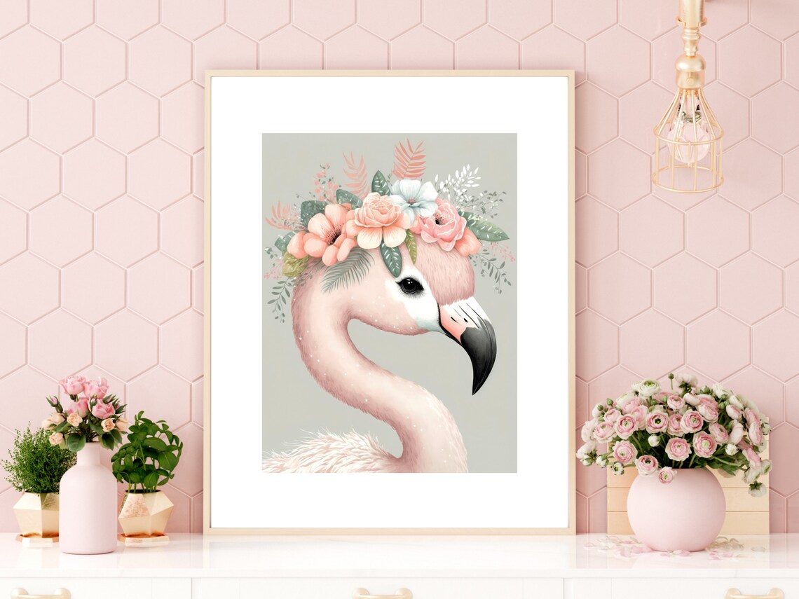 Pink Flamingo with a Floral Crown Girls Room Nursery Decor Poster - Image 3