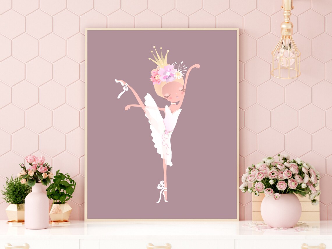 Ballerina Princess With Floral Crown On Mauve Girls Room Poster - Image 4
