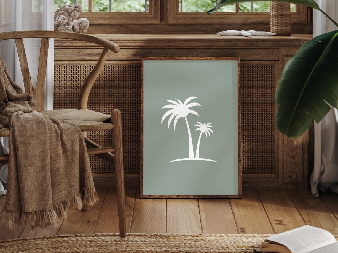 White Palm Trees Silhouette Sage Green Minimalist Coastal Art Poster - Image 4