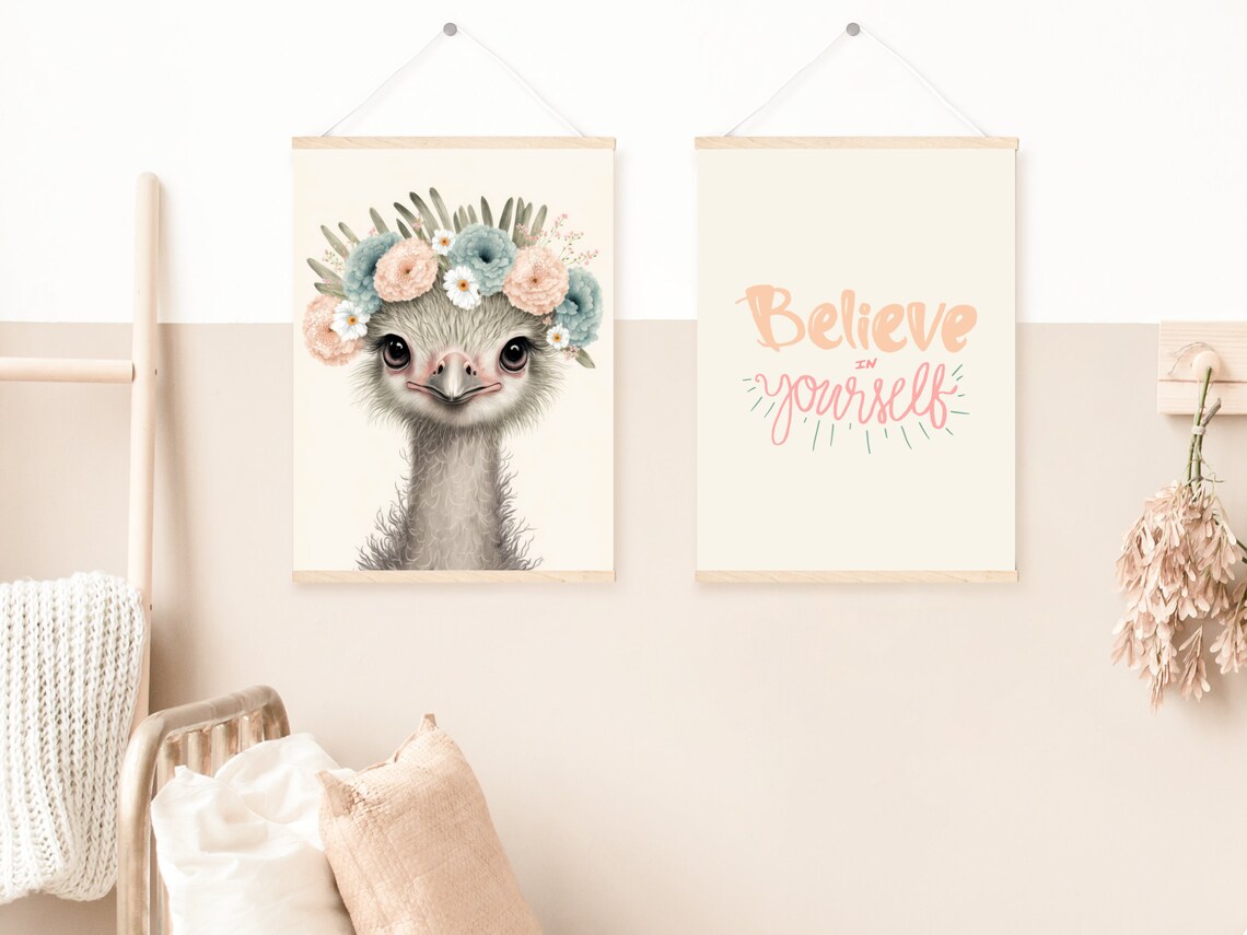 Baby Ostrich With Flower Crown Watercolor Nursery Animal Art Poster - Image 4