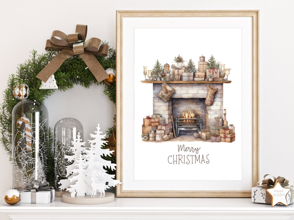 Rustic Fireplace With Stockings Merry Christmas Watercolor Poster - Image 2