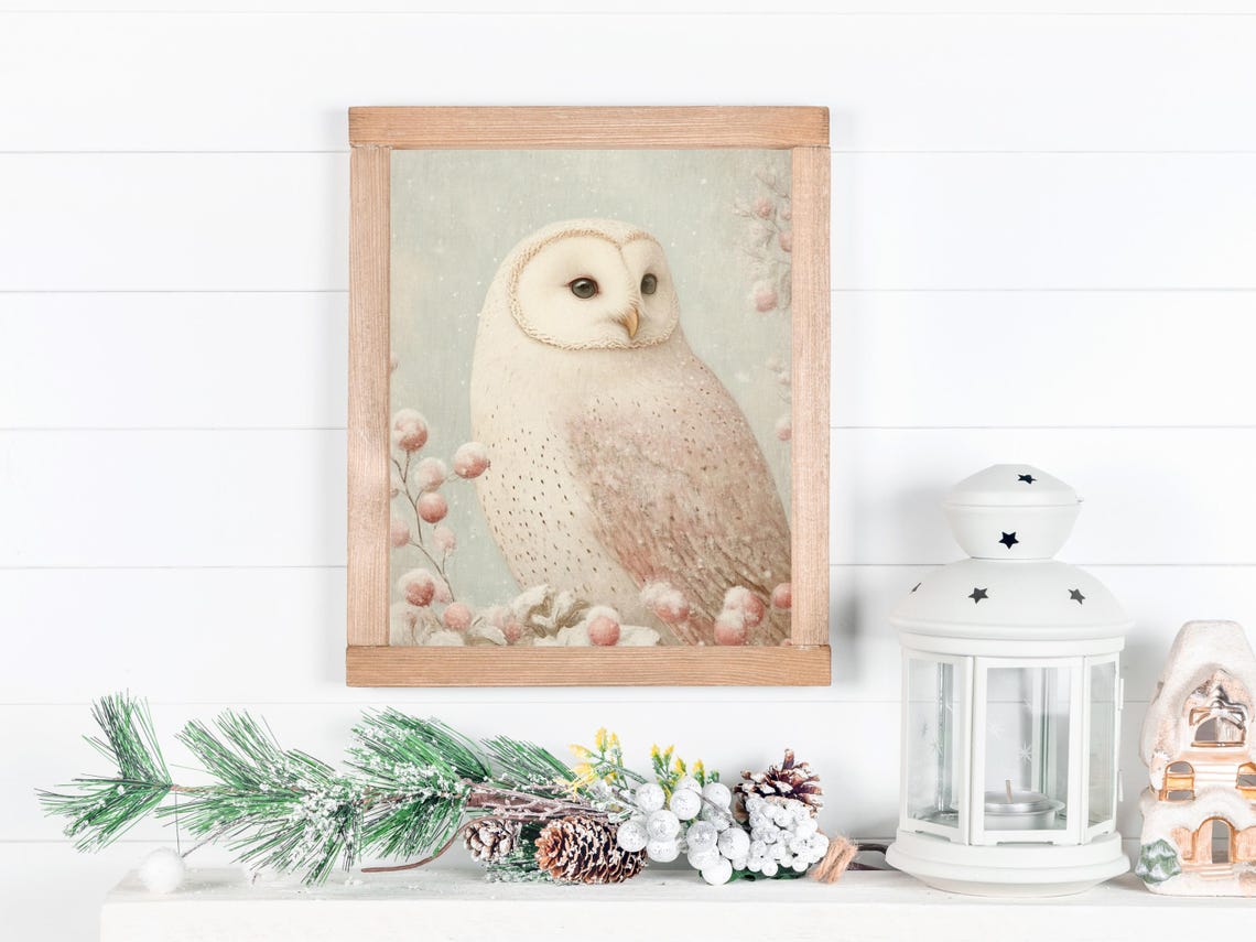 White Barn Owl Among Pink Blossoms Soft Pastel Winter Nursery Poster - Image 2