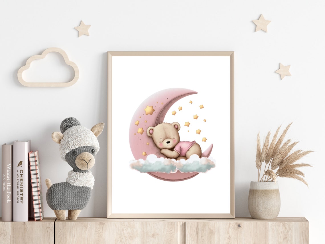 Sweet Sleeping Teddy Bear On Pink Moon Stars Girls Nursery Poster - Image 3
