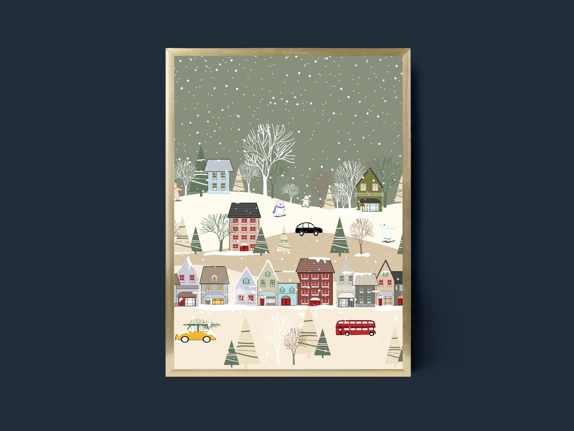 Bustling Winter Village Christmas Scene Art Print - Image 3