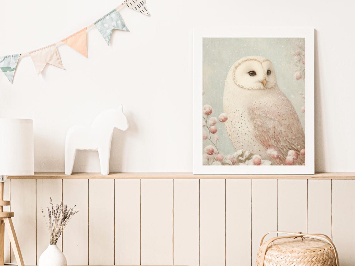 White Barn Owl Among Pink Blossoms Soft Pastel Winter Nursery Poster - Image 3