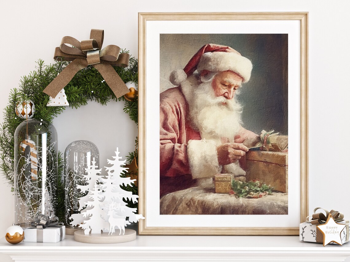 Santa Claus Wrapping Gifts Vintage Oil Painting Christmas Poster - Image 4