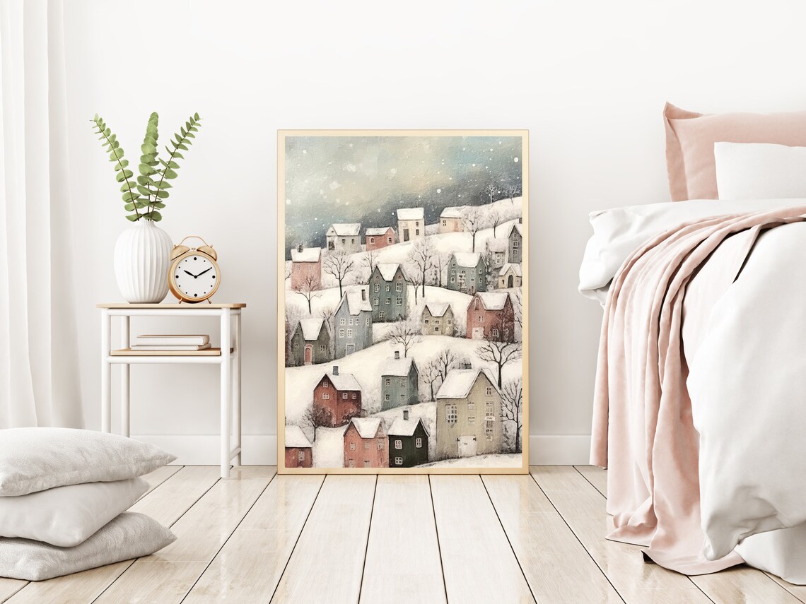 Winter Village Landscape Art Print, Scandinavian Holiday - Image 3