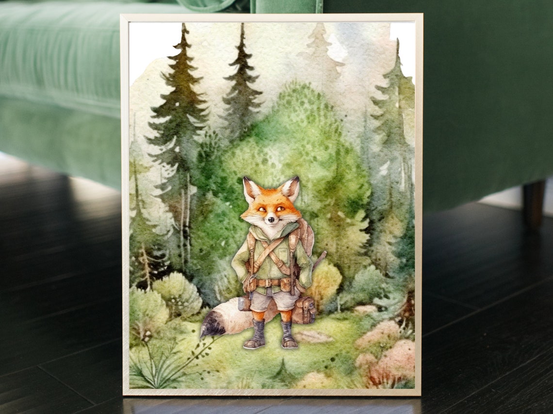 Fox Explorer Hiker in a Pine Forest Woodland Nursery Kids Room Poster - Image 4