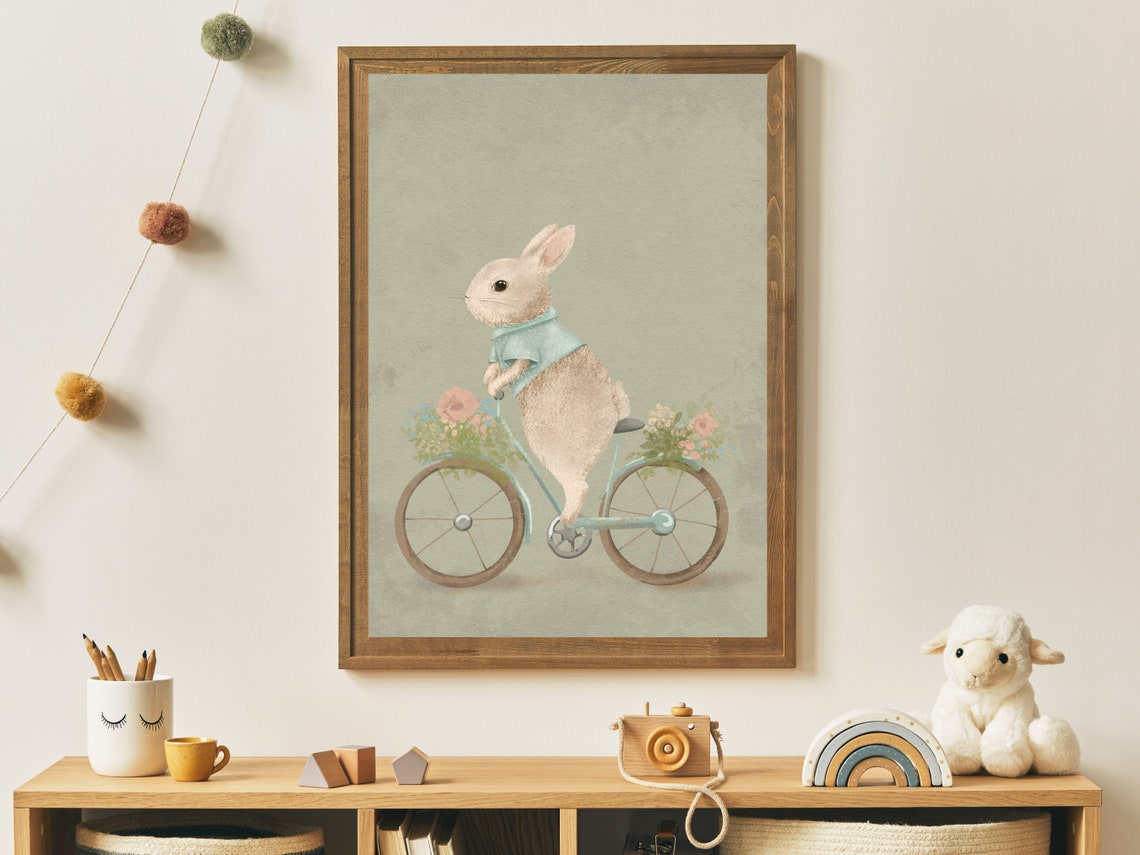 Vintage Bunny Rabbit Riding Bicycle With Flower Baskets Poster - Image 2