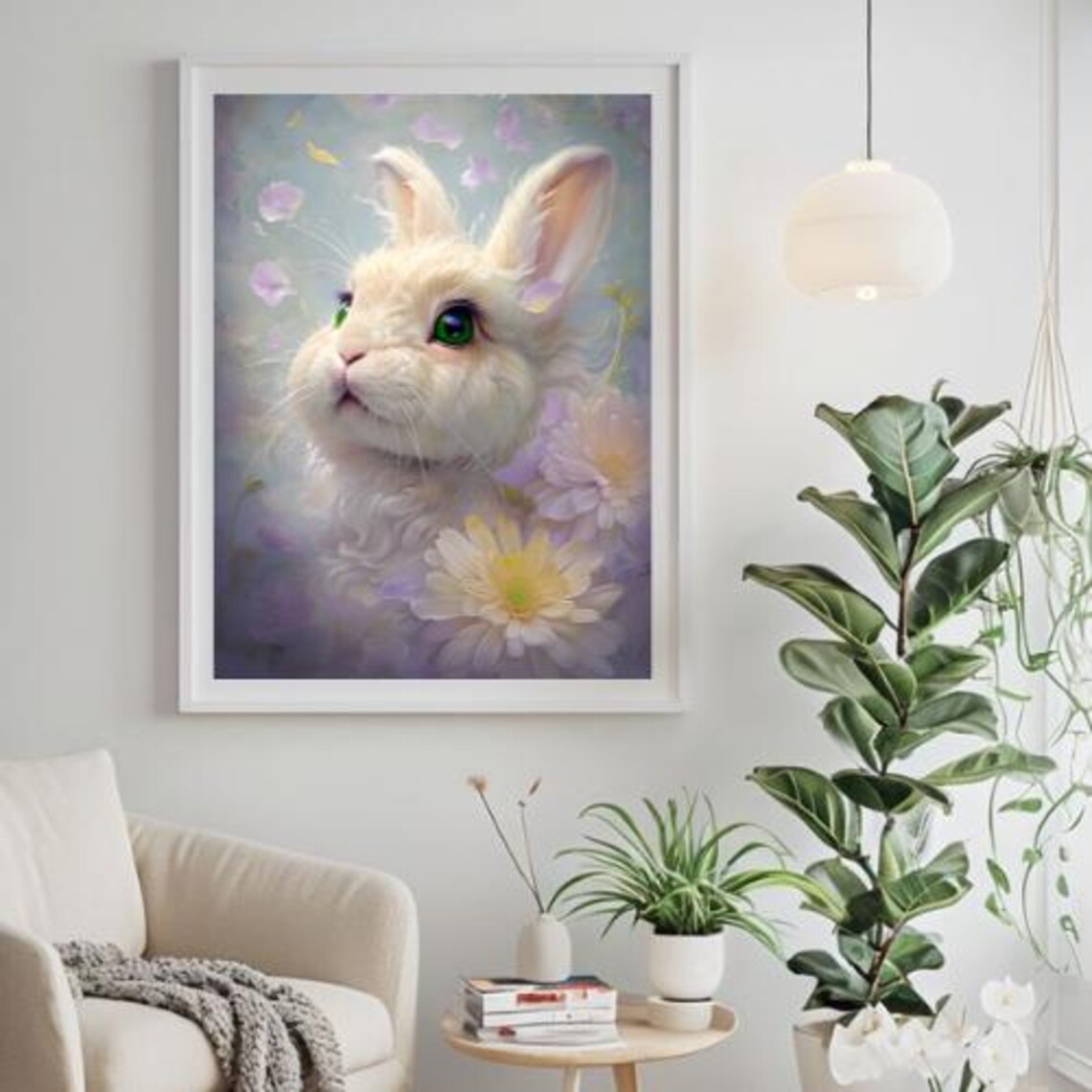 Fluffy White Rabbit Green Eyes Pastel Flower Nursery Art Poster - Image 3
