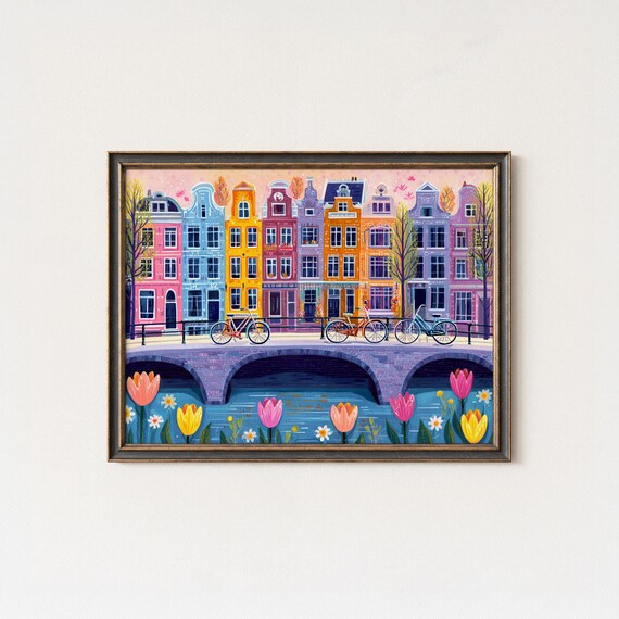 Amsterdam Canal Bridge Wall Art Print Colorful Dutch Houses With Bicycles And Tulips European Travel Cityscape Decor
