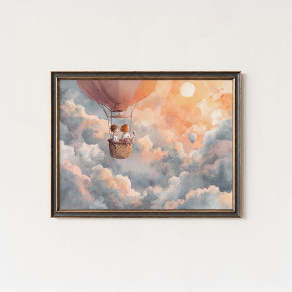 Whimsical Hot Air Balloon Print Watercolor Sky Childrens Room Decor