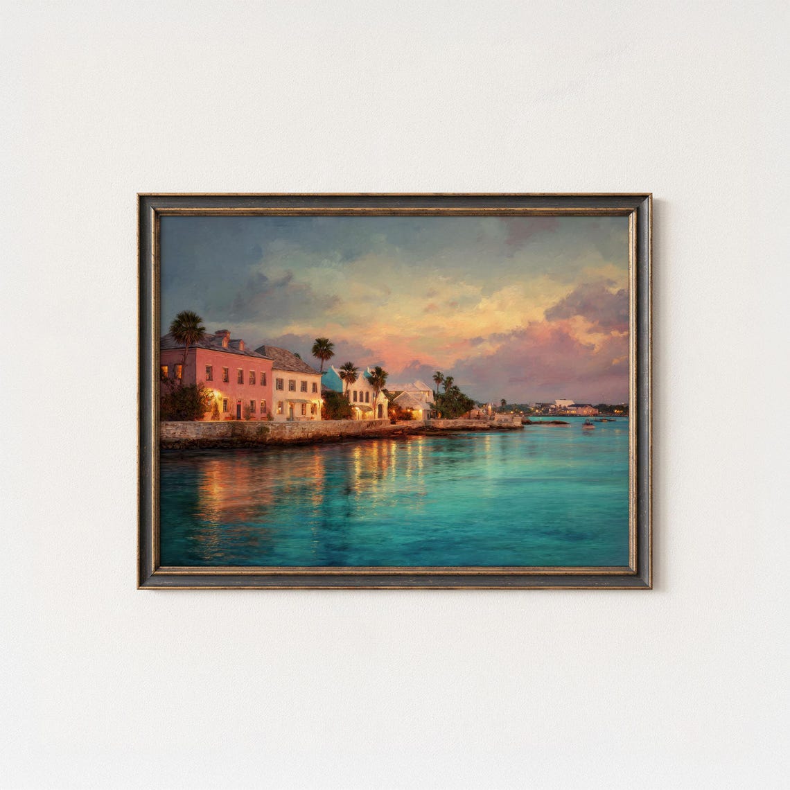 Nassau Bahamas Sunset Coastal Town Painting Turquoise Water Poster