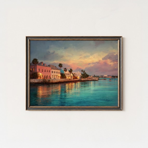 Nassau Bahamas Sunset Coastal Town Painting Turquoise Water Poster