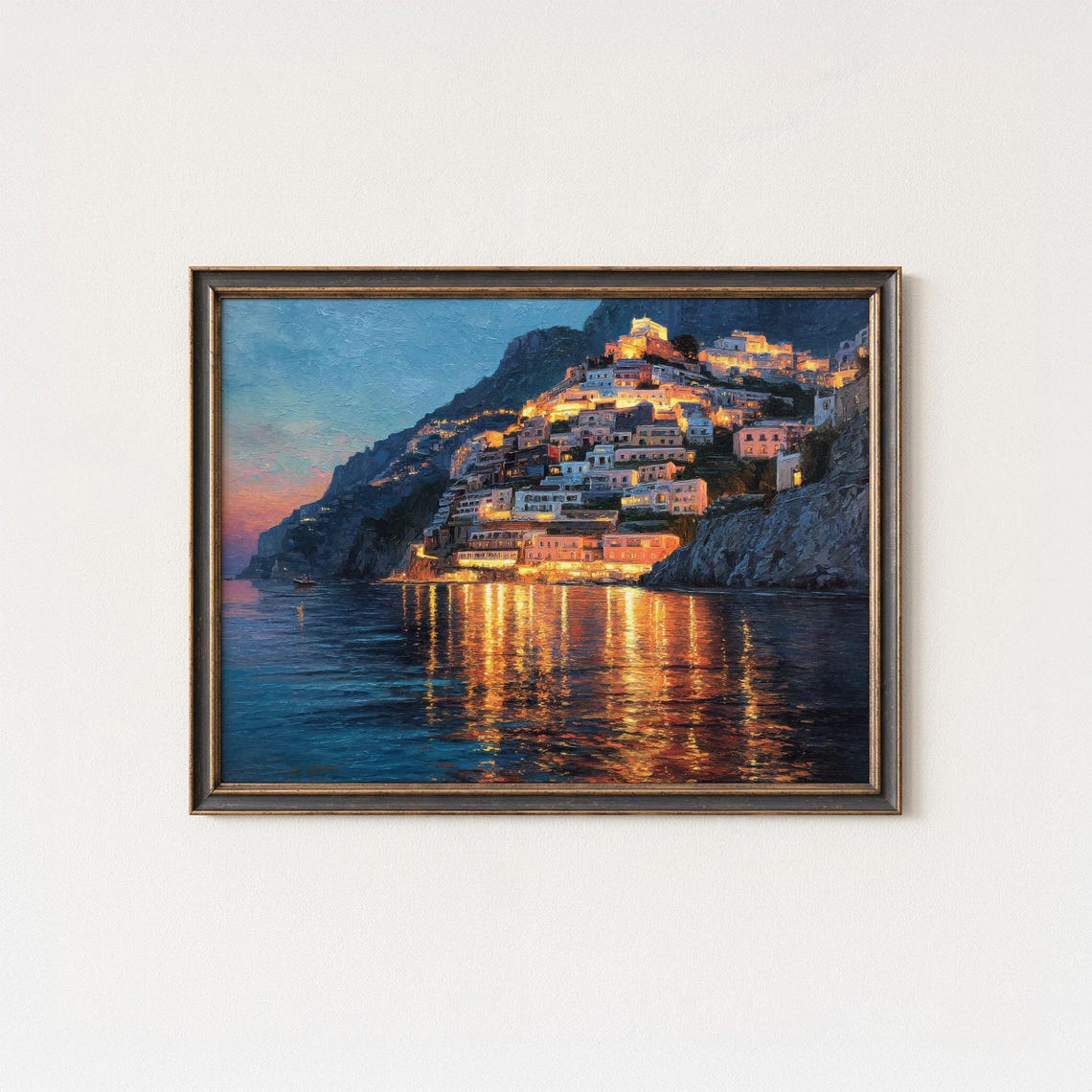 Coastal Village Dusk Lights Sea Reflection Evening Painting Poster