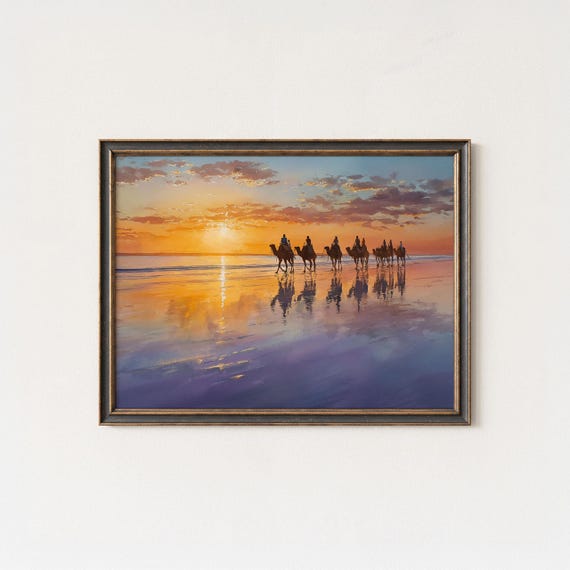Cable Beach Camels Wall Art Print Sunset Camel Caravan In Broome Australia Ocean Reflection Landscape Painting For Coastal Dcor