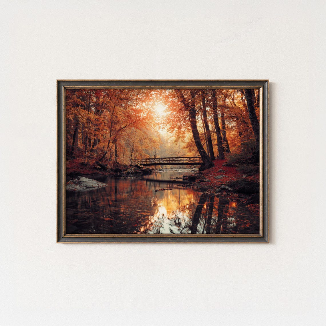 Autumn Forest Bridge Wall Art Print Golden Fall Trees With Sunlight Reflection Nature Landscape Photography Style Decor