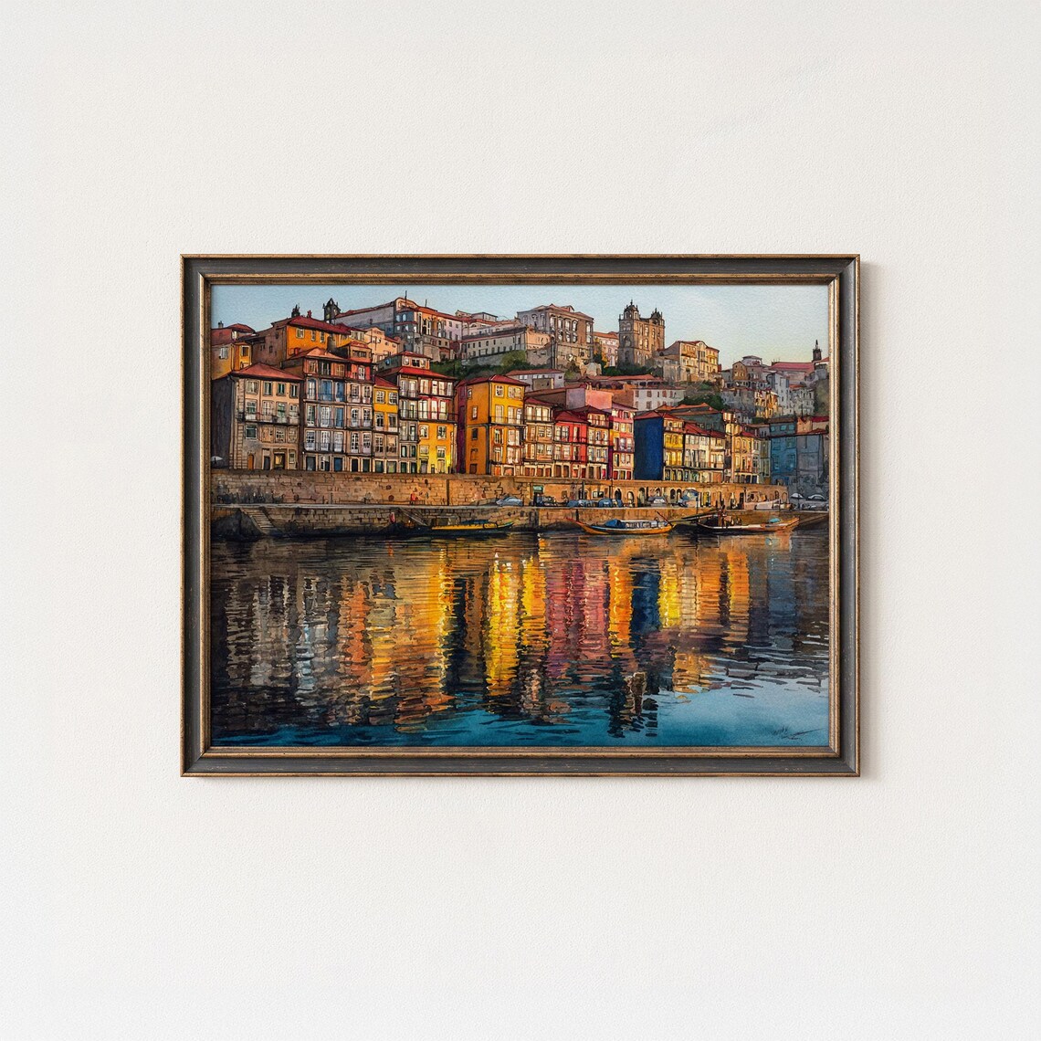 Porto Ribeira Watercolor Colorful Riverfront Houses Sunset Reflection Poster