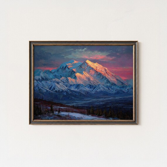 Denali Peak At Sunset Alpenglow Alaska Wilderness Oil Painting Print