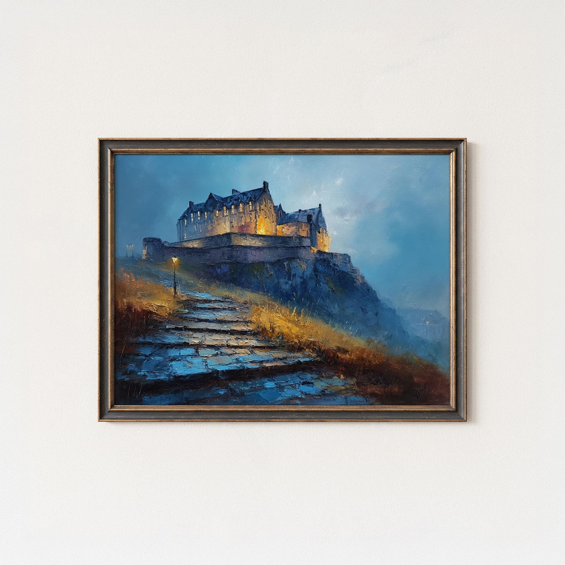 Edinburgh Castle Night Oil Painting Glowing Windows Moonlit Rock Poster
