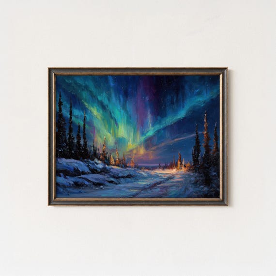 Aurora Borealis Oil Painting Print Northern Lights Arctic Landscape
