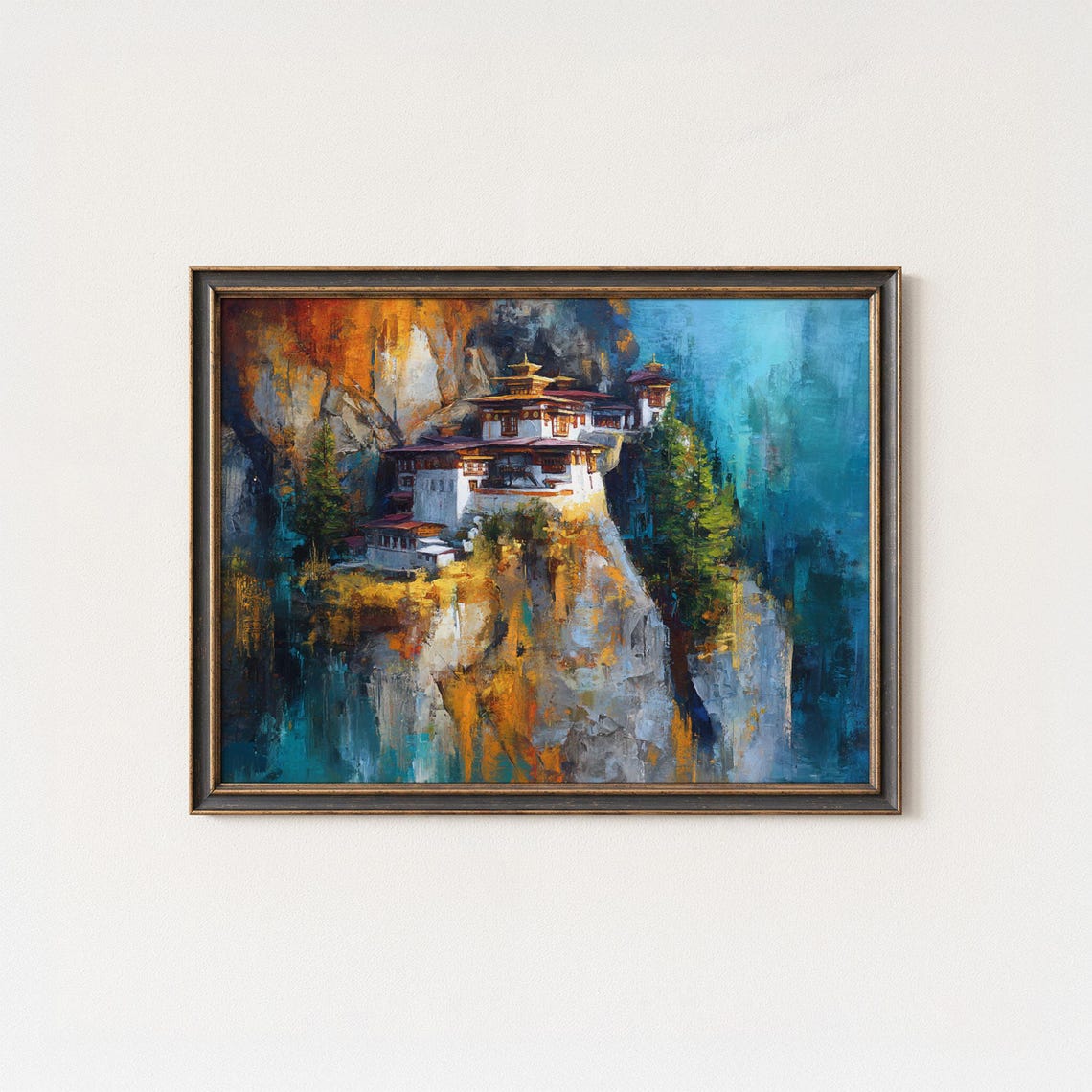 Tigers Nest Monastery Bhutan Cliffside Temple Oil Painting Poster