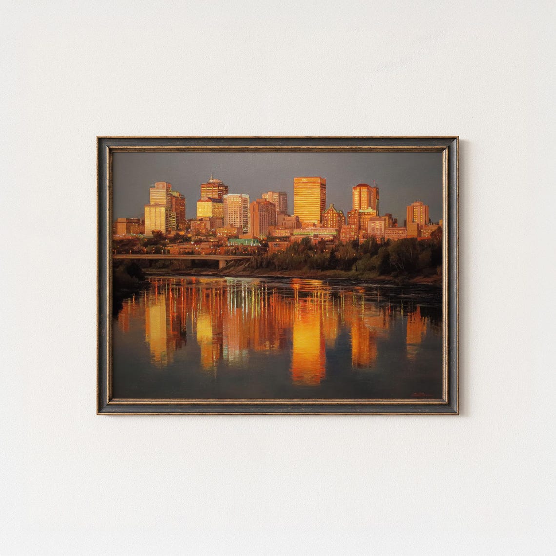 Edmonton Skyline Golden Dusk River Reflection Cityscape Poster