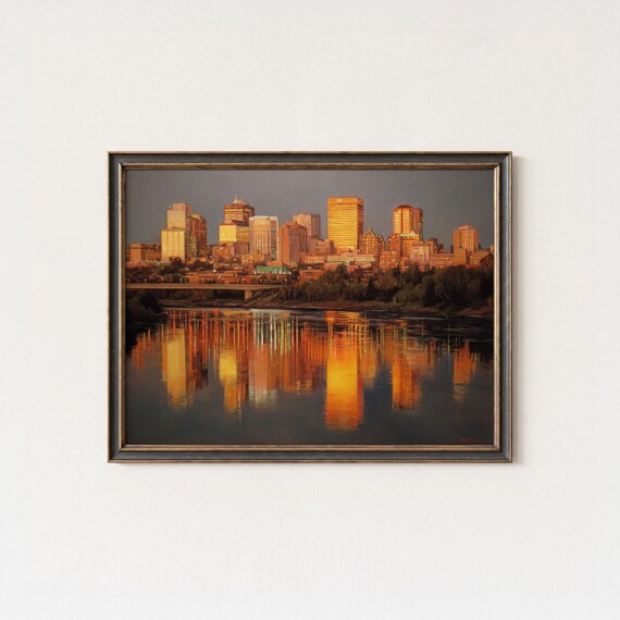Edmonton Skyline Print Cityscape Sunset Painting Alberta Canada Wall Art Museum Quality Urban Decor