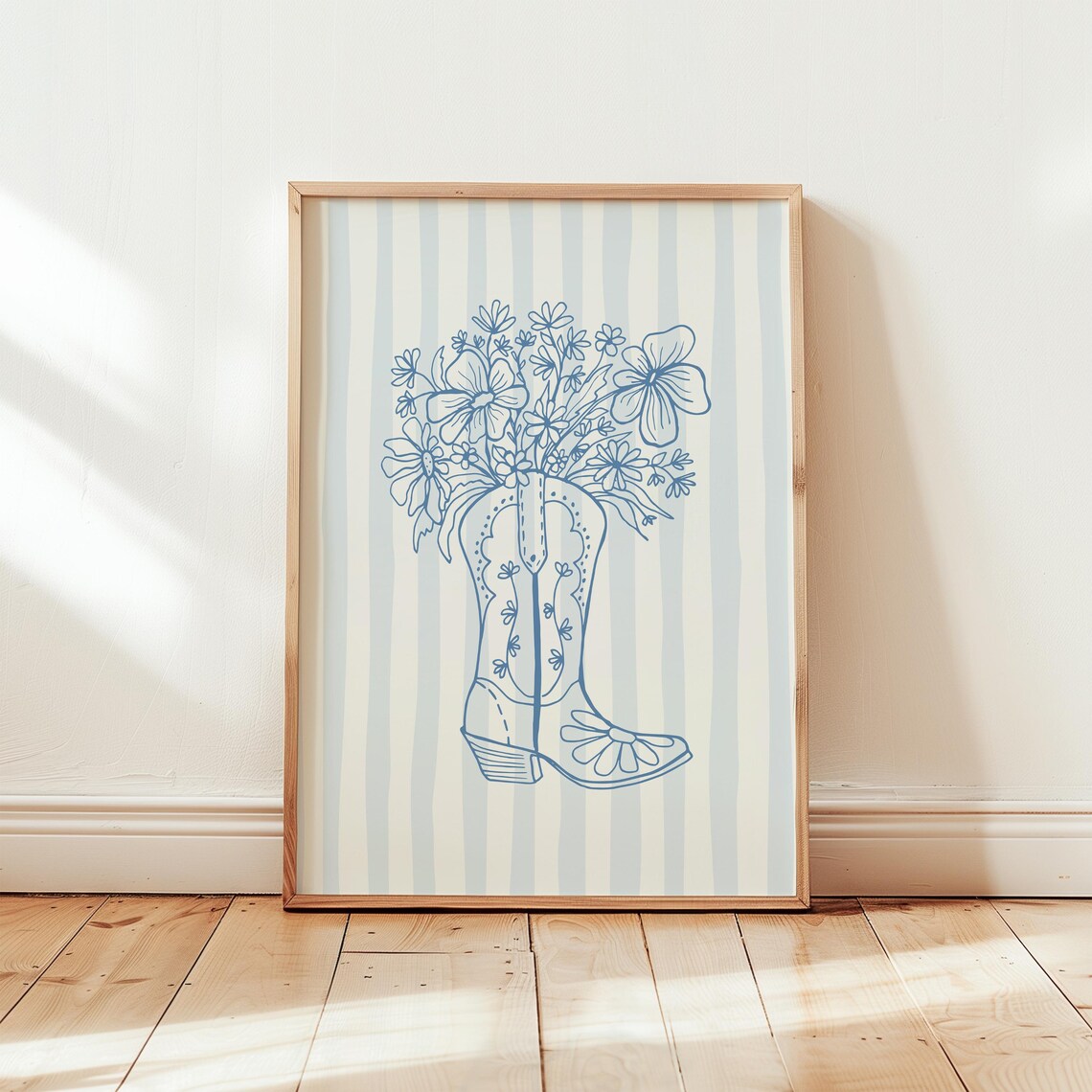 Blue Cowgirl Boot Bouquet Wildflowers Coastal Western Art Print