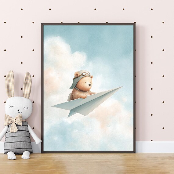 Teddy Bear Pilot Flying Paper Airplane Clouds Nursery Poster