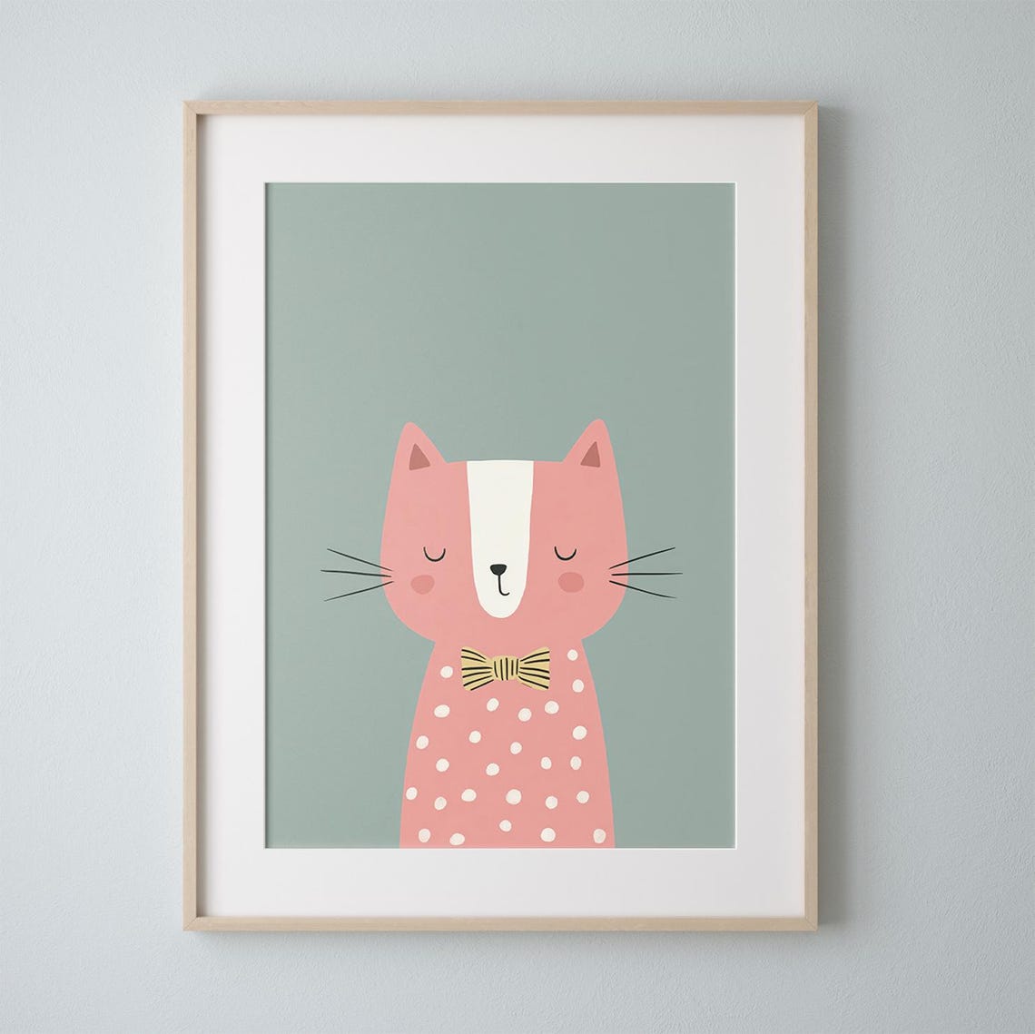 Pink Cat With Bow Tie Nursery Art Poster Polka Dots Sage Green