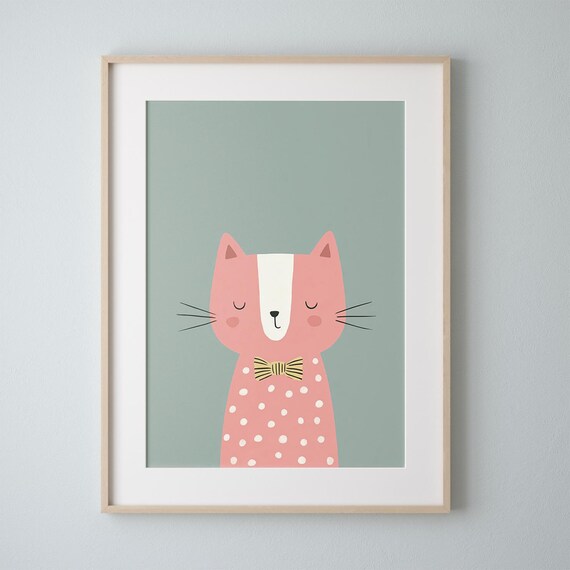 Pink Cat With Bow Tie Nursery Art Poster Polka Dots Sage Green