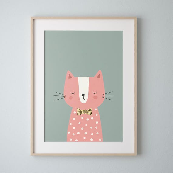 Playful Pink Cat Nursery Print Wall Art For Kids