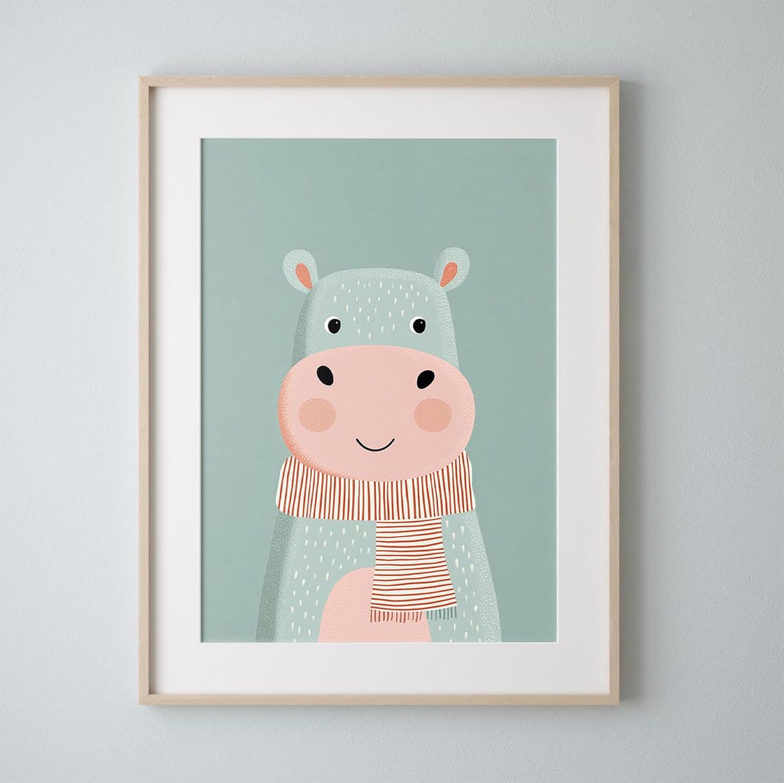 Smiling Hippo Wearing Striped Scarf Nursery Print For Kids Room