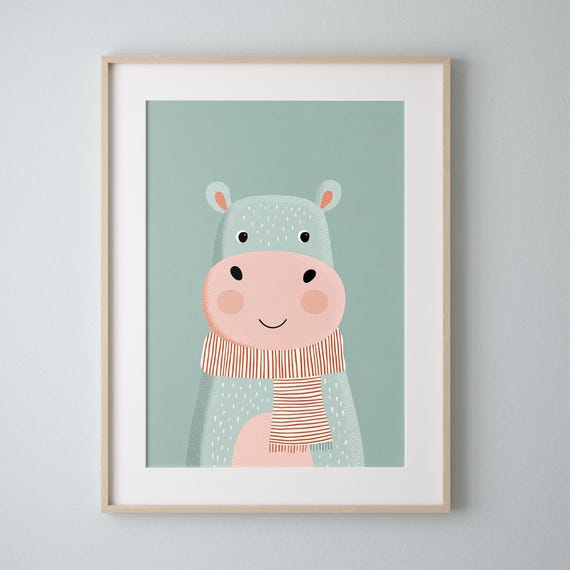 Cute Hippo Nursery Print Playful Baby Room Wall Art