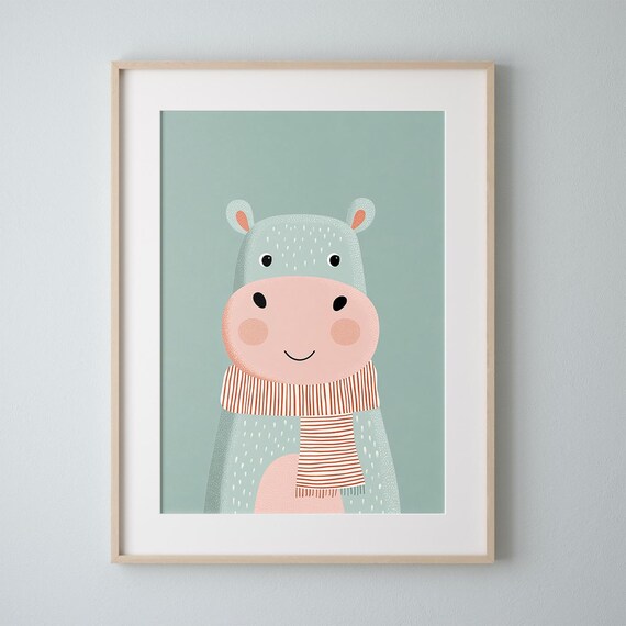 Smiling Hippo Wearing Striped Scarf Nursery Print For Kids Room