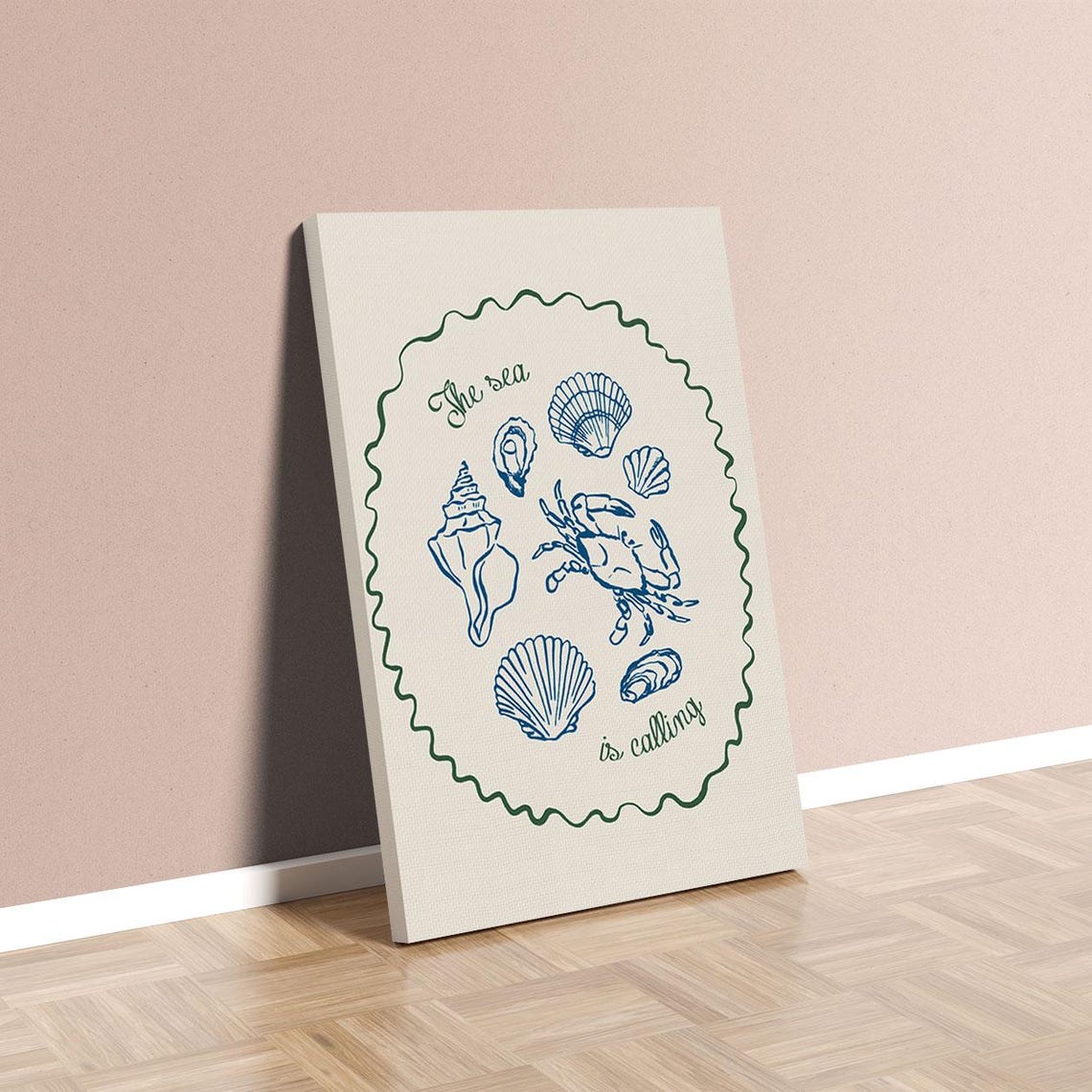 The Sea Is Calling Shells and Crab Line Art Coastal Canvas Poster